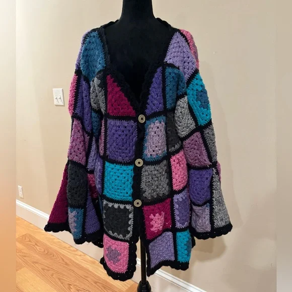Handmade Granny Square Bell Sleeve Cardigan Vibrant Pink Purple & Blue Size L XL - Picture 2 of 8